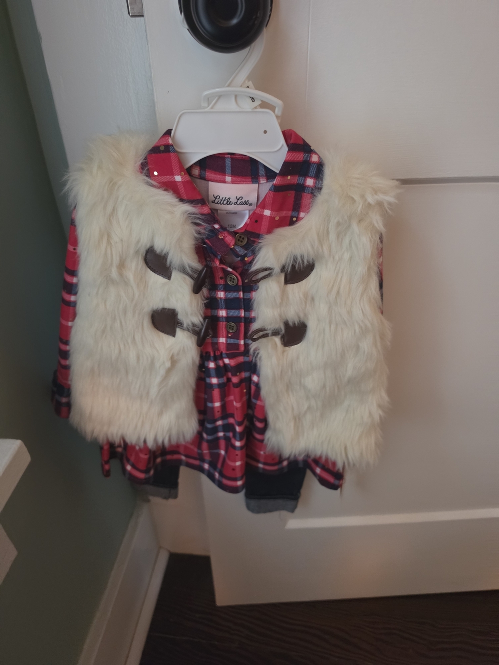 Little Lass Cream Faux Fur Vest with Red Plaid Dress 12M